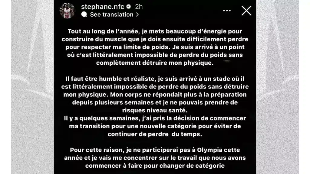 Stéphane Matala : Décision de ne pas participer à Mr Olympia 2024